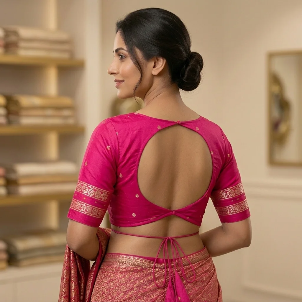 Bright Pink Silk Fabric Elbowlength Sleeves Blouse inspiration image