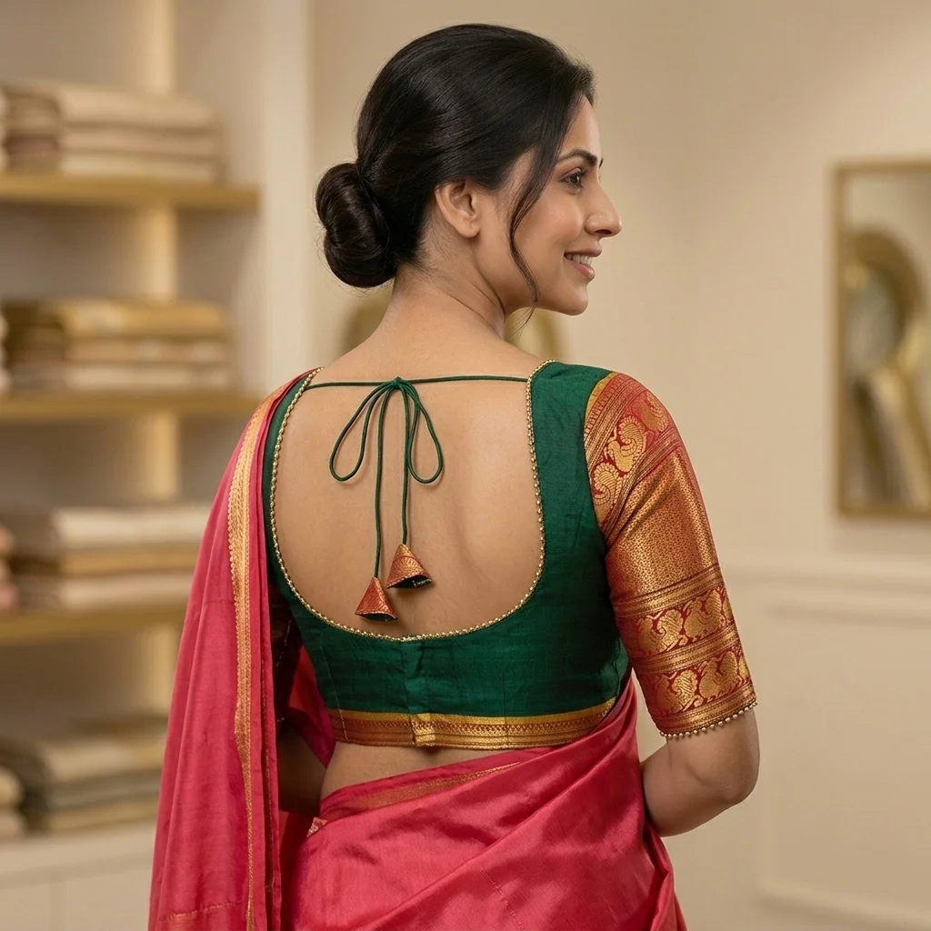 Dark Green Raw Silk Broad Round Blouse inspiration image