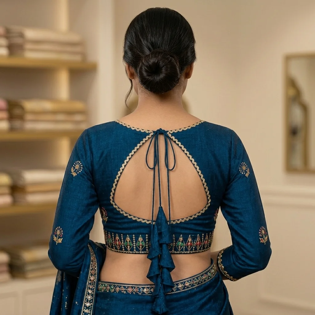 Deep Blue Teal Raw Silk Full Blouse inspiration image