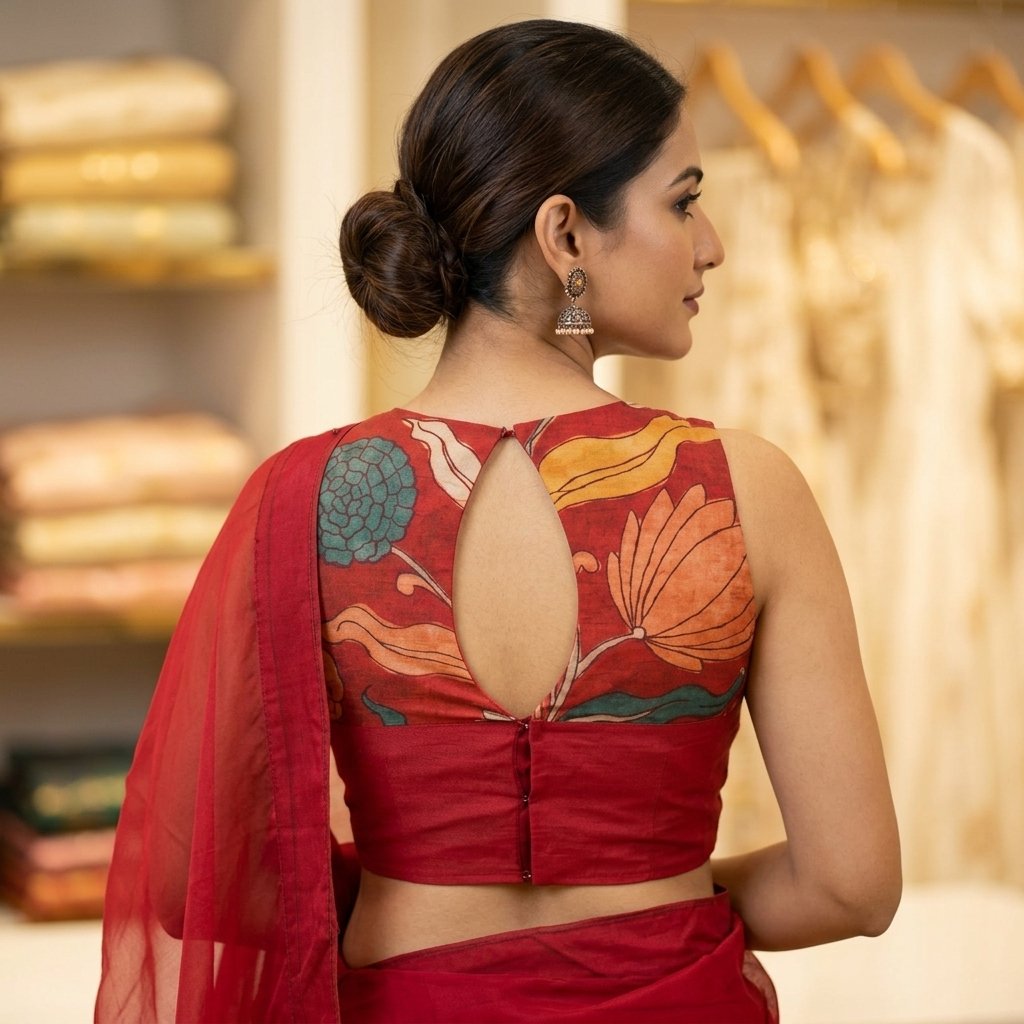 Maroon Soft Organza Saree With Kalamkari Blouse inspiration image