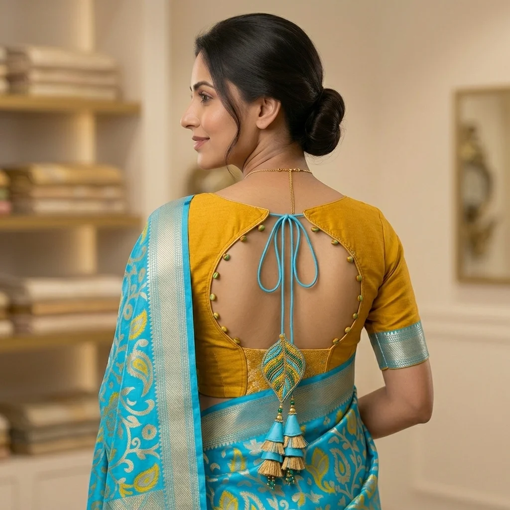 Mustard Yellow Raw Silk Blue Silver Blouse inspiration image