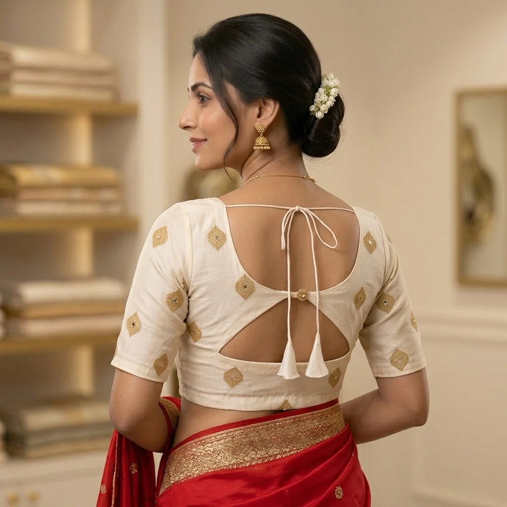 Offwhite Cream Silk Fabric Gold Embroidered Blouse inspiration image