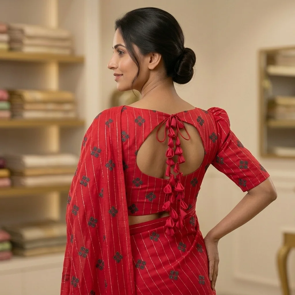 Red Fabric Thin Vertical Gold Stripes Blouse inspiration image