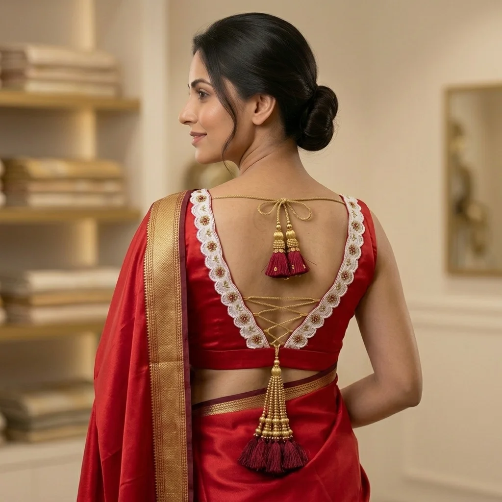 Red Silk Fabric Deep Vneck Cutout Blouse inspiration image