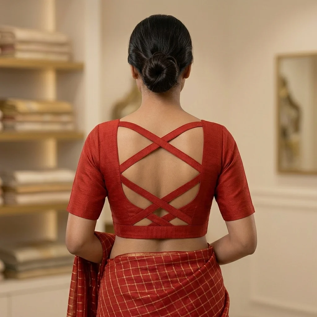 Solid Brick Red Crimson Raw Silk Blouse inspiration image