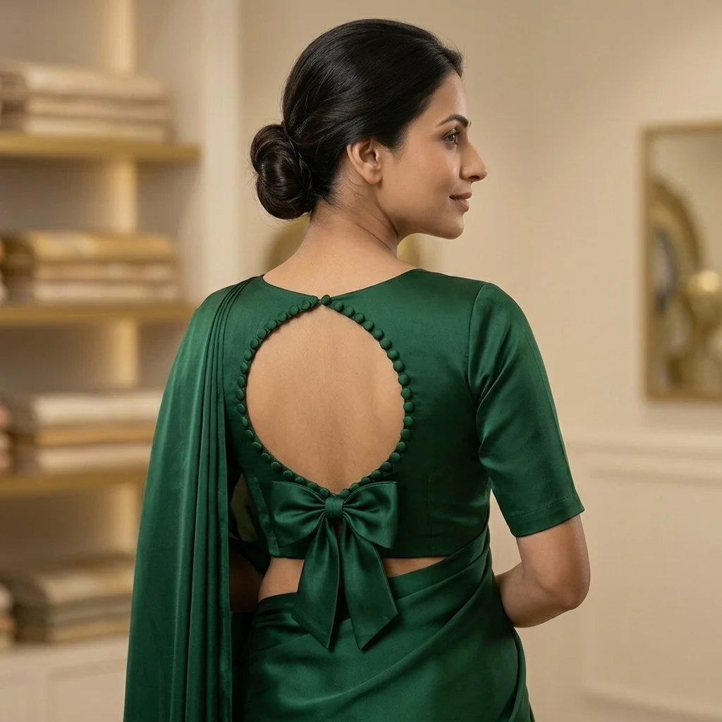 Solid Dark Green Satin Elbow Sleeves Blouse inspiration image