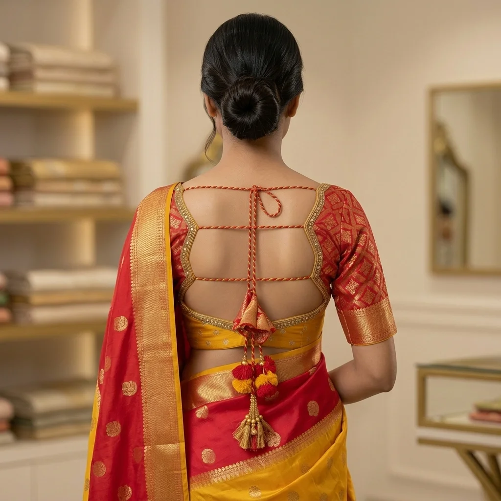 Yellow Brocade Back Panel Red Brocade Blouse inspiration image