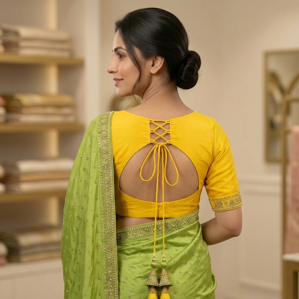 Yellow Silk Elbow Sleeves Gold Bead Blouse inspiration image